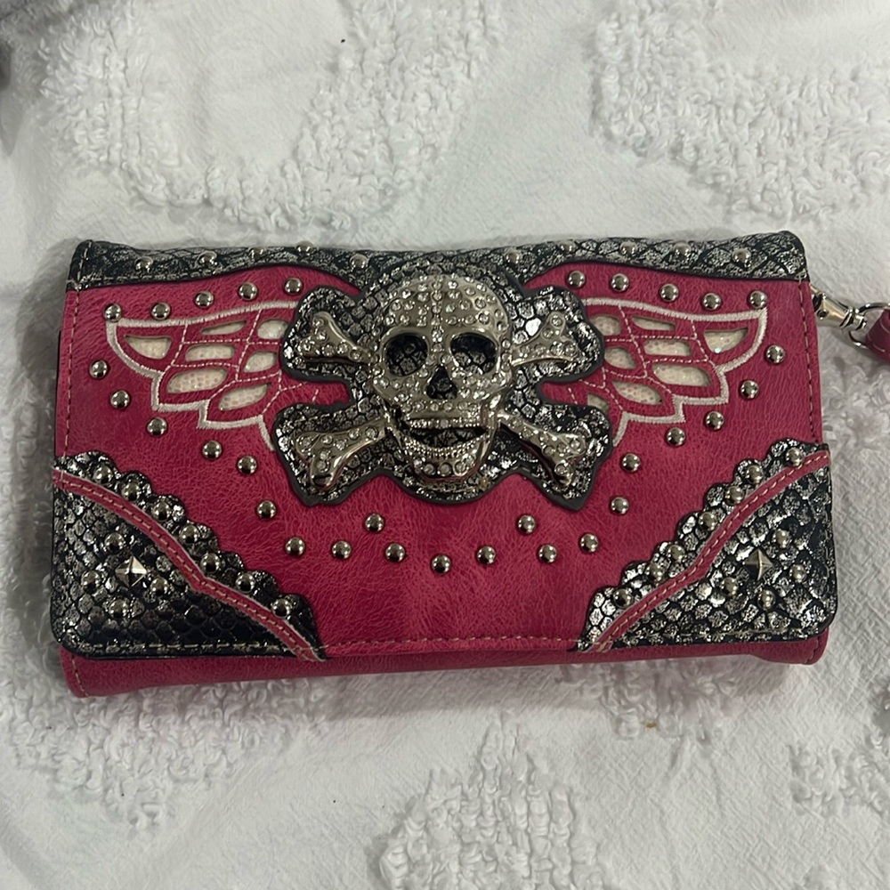 Pink skull rhinestone wallet/wristlet